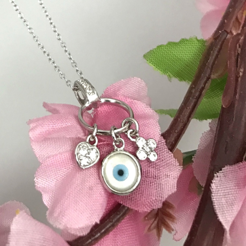 925 Silver Evil Eye Heart and Flower Necklace